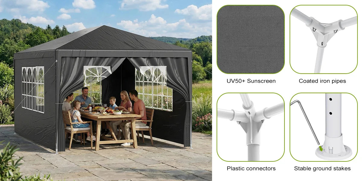 LOEFME 3x4M/3x3M Outdoor Gazebo Tent Outdoor Garden Camping Awning Waterproof Windproof UV Sun Shelter W/ Removable 4 Side Walls