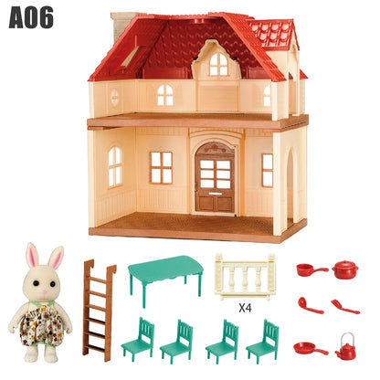 Family Dollhouse Furniture Playset Cabin Doll House DIY Cottage Pretend Play Kitchen Dollhouses Rabbit Dolls Birthdays Gifts