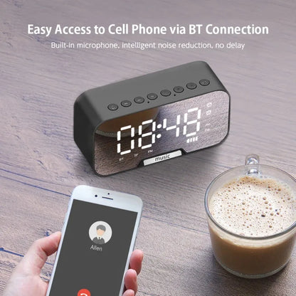 Bluetooth Speaker with LED Mirror Screen Digital Dual Alarm Clock with FM Radio Phone Holder Temperature For Bedroom Office