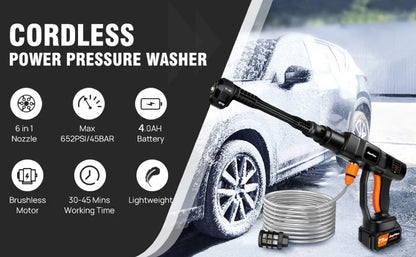 Cordless Pressure Washer, Portable Power Washer with  4.0Ah Battery 6-in-1 Nozzle, Handheld Brushless High-Pressure Car Washer