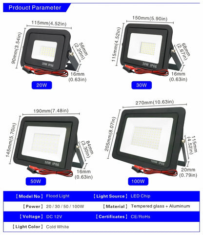 DC12V Led Flood Light 20W 30W 50W 100W Outdoor Floodlight Spotlight IP66 Waterproof Light Reflector Portable 12 Volt Led Lights
