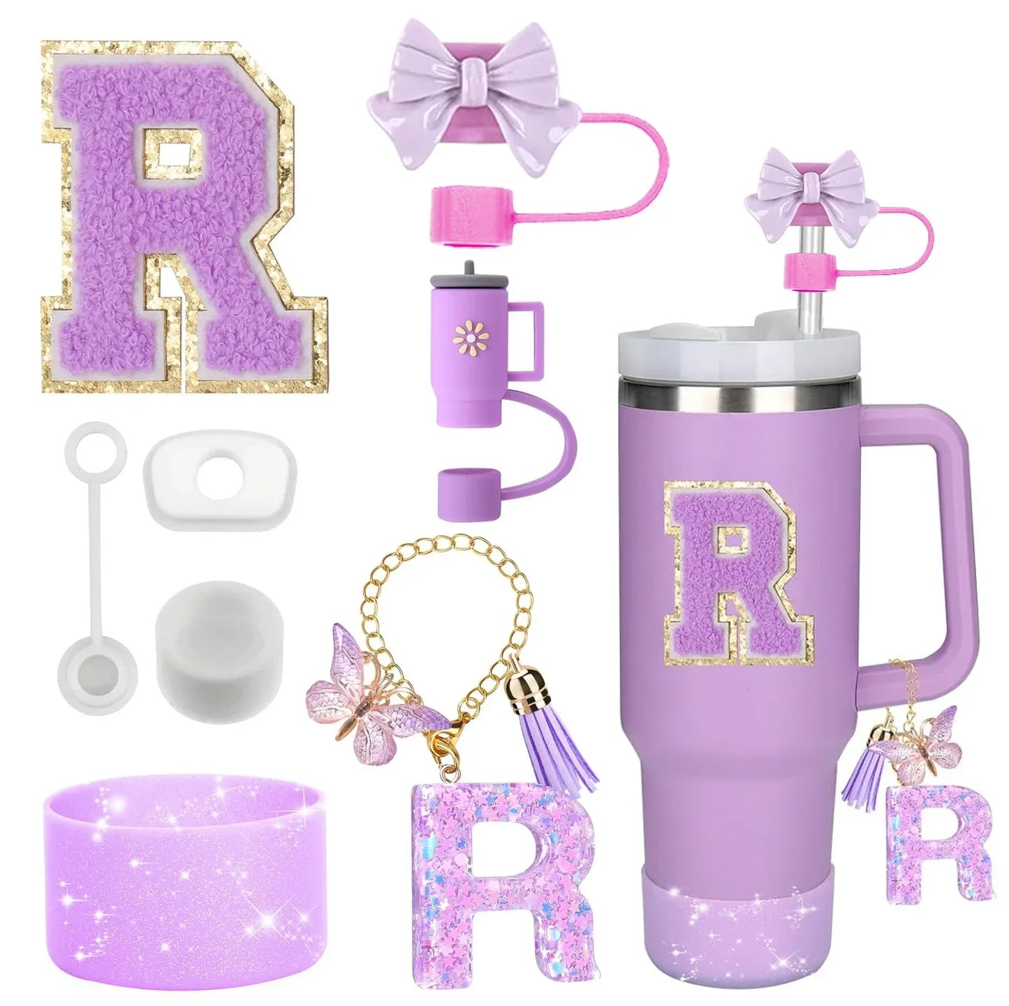 8PCS Accessories Set for Stanley Cup Purple 30oz 40oz tumbler Silicone Straw Topper Cover Cap Boot Handle Charm Initials Sticker