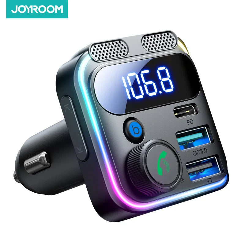 JOYROOM 81W Bluetooth 6.0 Car FM Transmitter Dual Mics PD&QC 3.0 Car Fast Charging Charger Adapter U Disk Hands-Free Calling