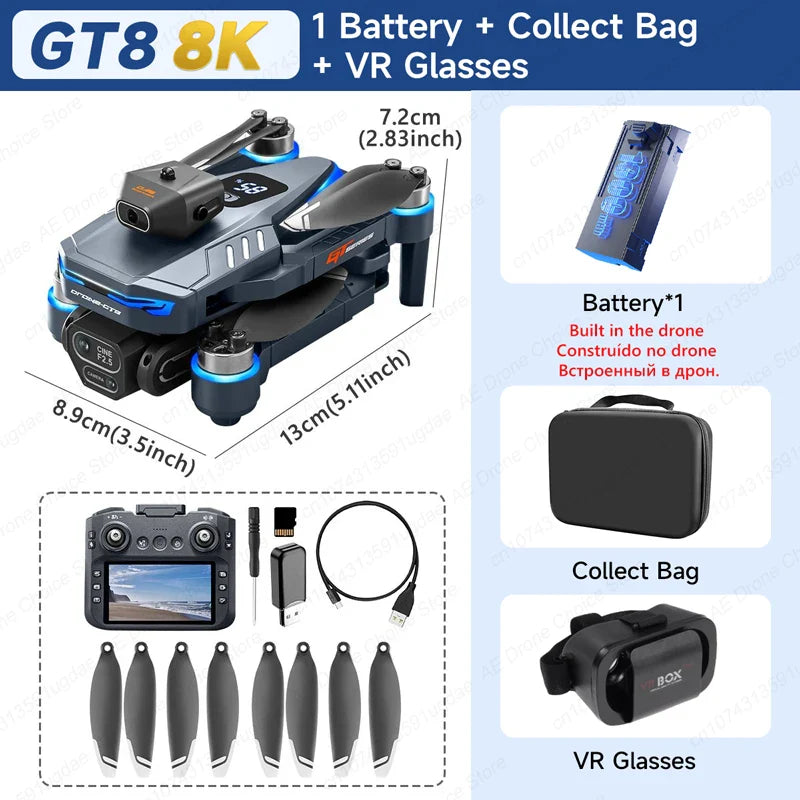 New GT8 Drone 8K Professional HD Dual Cameras Screen Remote 5G WIFI Brushless Motor Obstacle Avoidance Foldable Quadcopter Toys