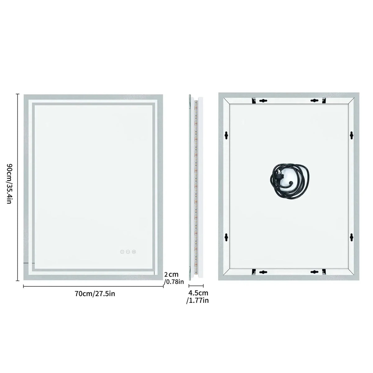 LED Light Bathroom Mirror Illuminated Wall Mounted Vanity Makeup Anti-Fog Rectangle 3 Colors Touch Light