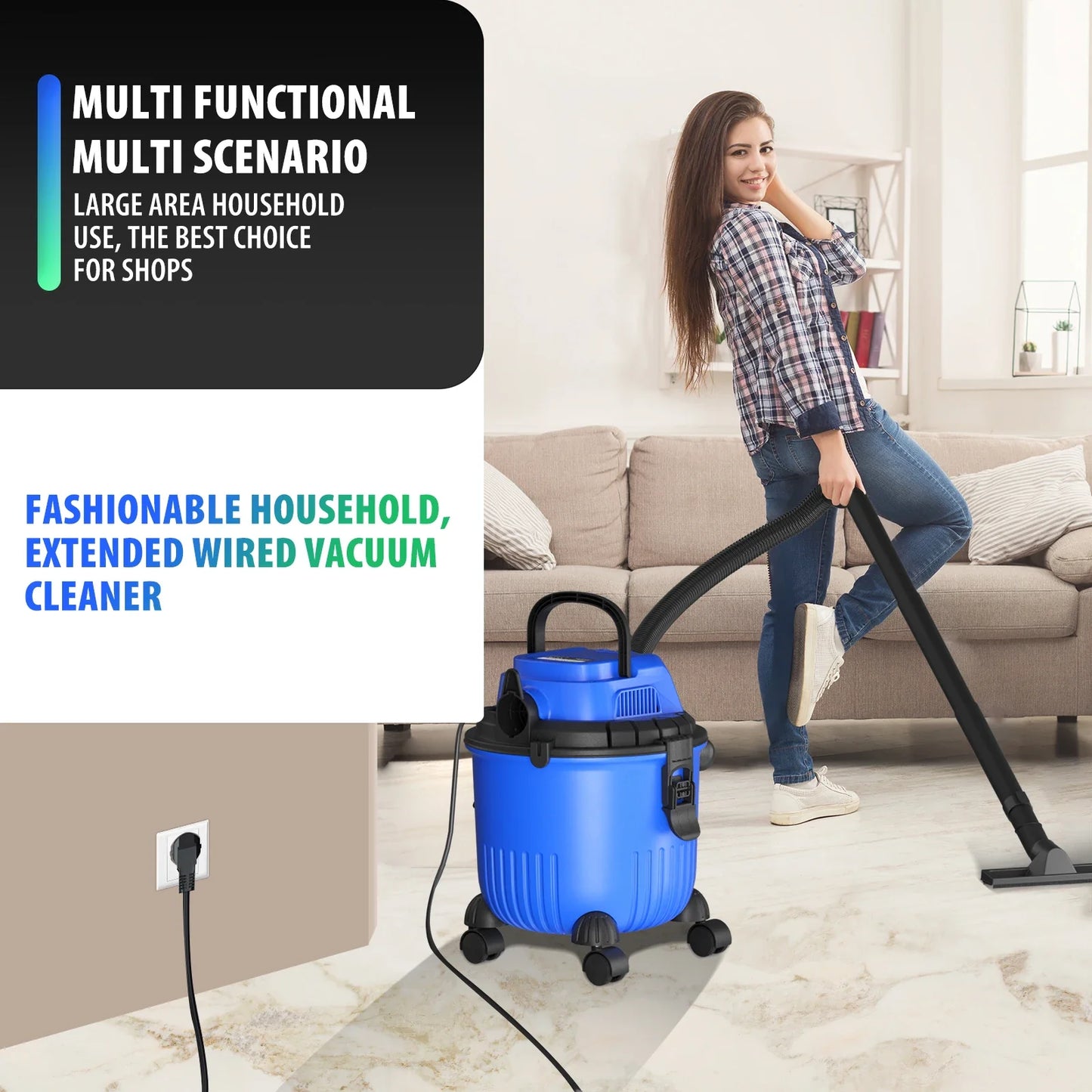 DayPlus Industrial Vacuum Cleaner Hoover Wet and Dry 4800W Powerful Suction Bagless, 16Kpa, 15 Litre Capacity, 4 Caster Wheels