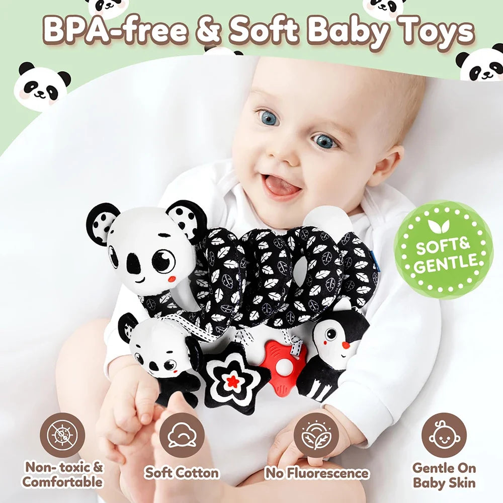 Newborns Spiral Hanging Activity Stroller Toy Baby Carseat Toy Black & White Lion Koala Rattle  for Crib Mobile Sensory Toy Gift