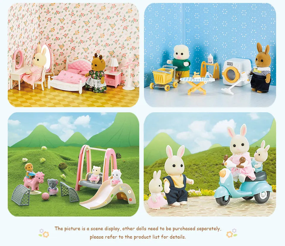 Family Dollhouse Furniture Playset Cabin Doll House DIY Cottage Pretend Play Kitchen Dollhouses Rabbit Dolls Birthdays Gifts