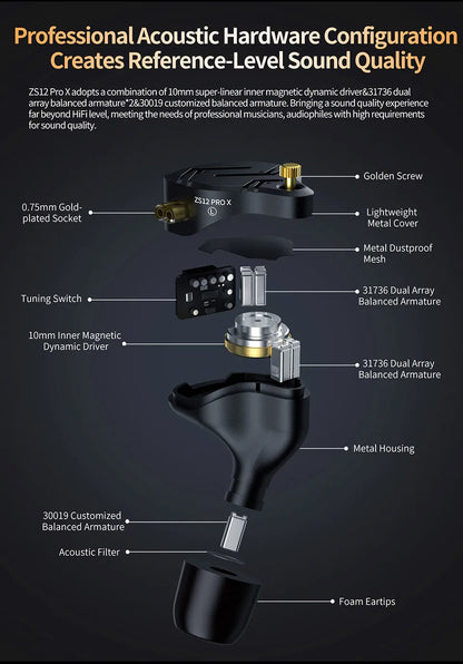 KZ ZS12 PRO X Metal Earphones 1DD+5BA Hybrid HIFI Bass In Ear Monitor Headphones Music Sport Noise Cancelling Headset New Arrive
