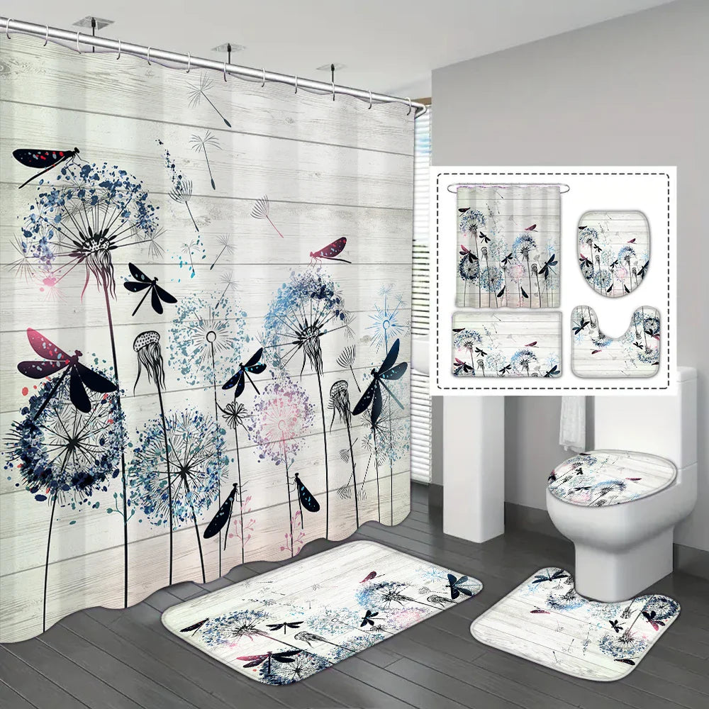 4-piece set of blue white jade orchid waterproof printed shower curtains with 12 hooks, bathroom floor mats