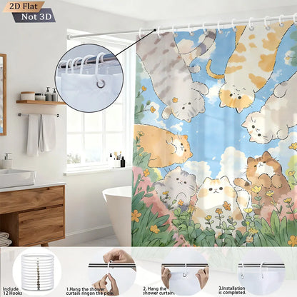 1pc Cute Cartoon Cat Printed Waterproof Shower Curtain Partition Privacy Hanging Curtain with 12 Hooks Multiple Sizes