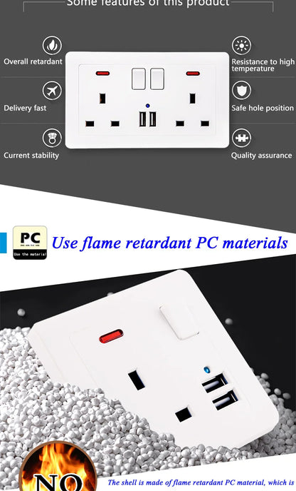 UK Standard 13A Switched Wall Socket with Dual USB Charger Ports LED Indicator Standard Size Easy Fit Wall Mounted USB Power