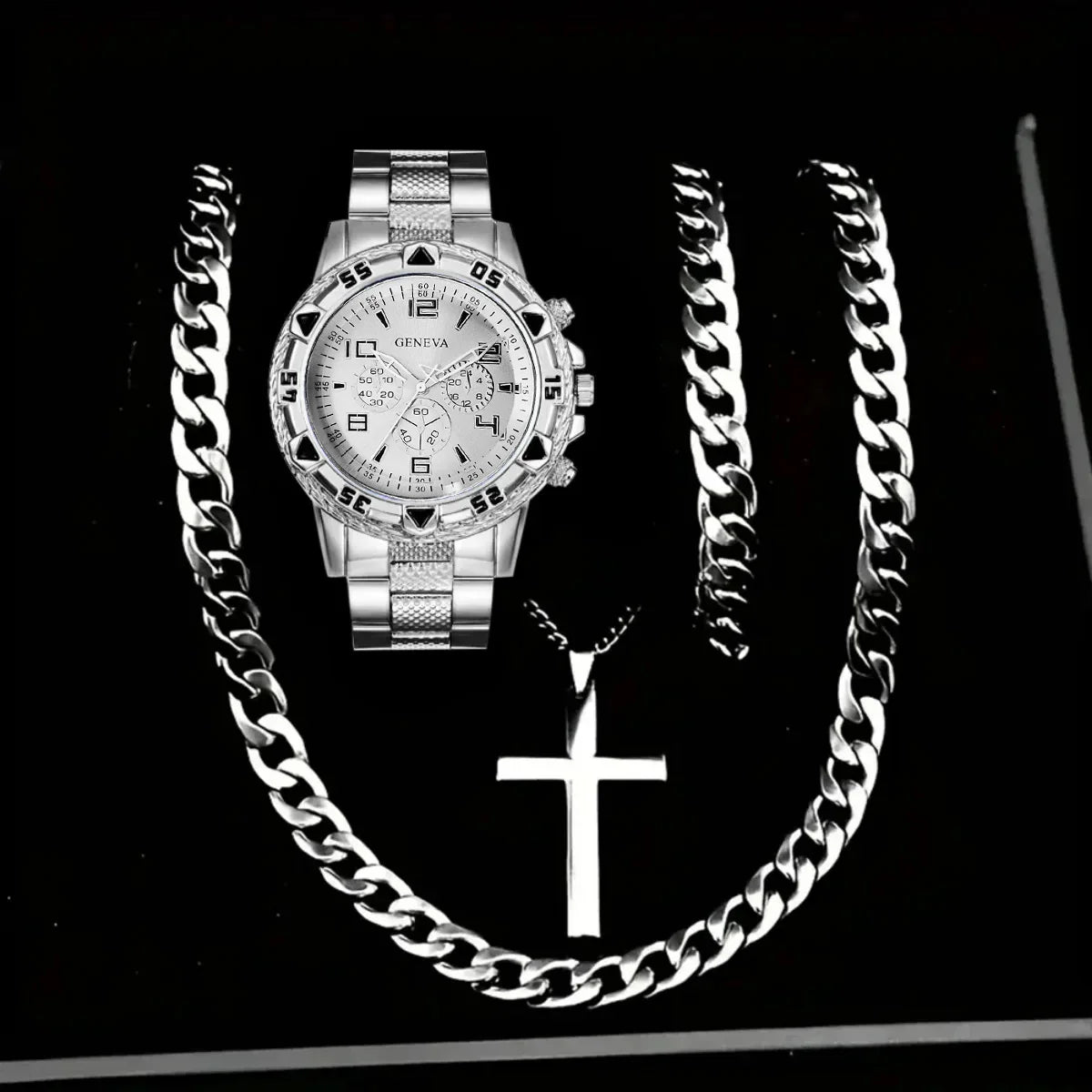 4PCS Fashion Arabic Dial Men Business Watches Bracelet Necklaces Set Luxury Mens Quartz Wristwatch Reloj Hombre（Without Box）