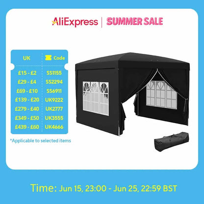 Outsunny 3 x 3(m) Pop Up Gazebo, Water and UV Resistant Party Tent Camping Canopy Marquee with  Carry Bag, Black