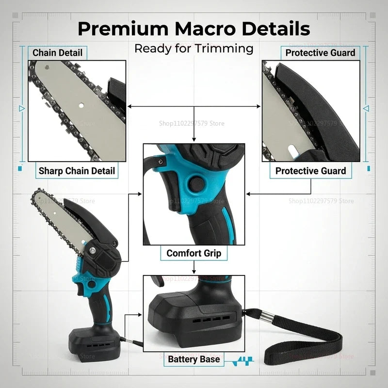 6Inch Cordless Electric Chainsaw Rechargeable No Battery Lightweight Power Tool for Woodcutting Gardening Makita 18V Compatible