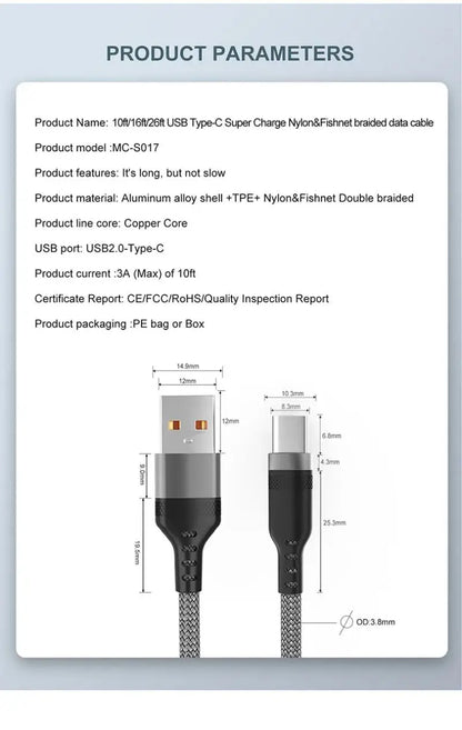 USB Type C Cable 5A Super Fast Charge Cable For Huawei 1m 3m 5m 8 Meter USB C Extension Cable for Samsung Xiaomi OPPO Universal