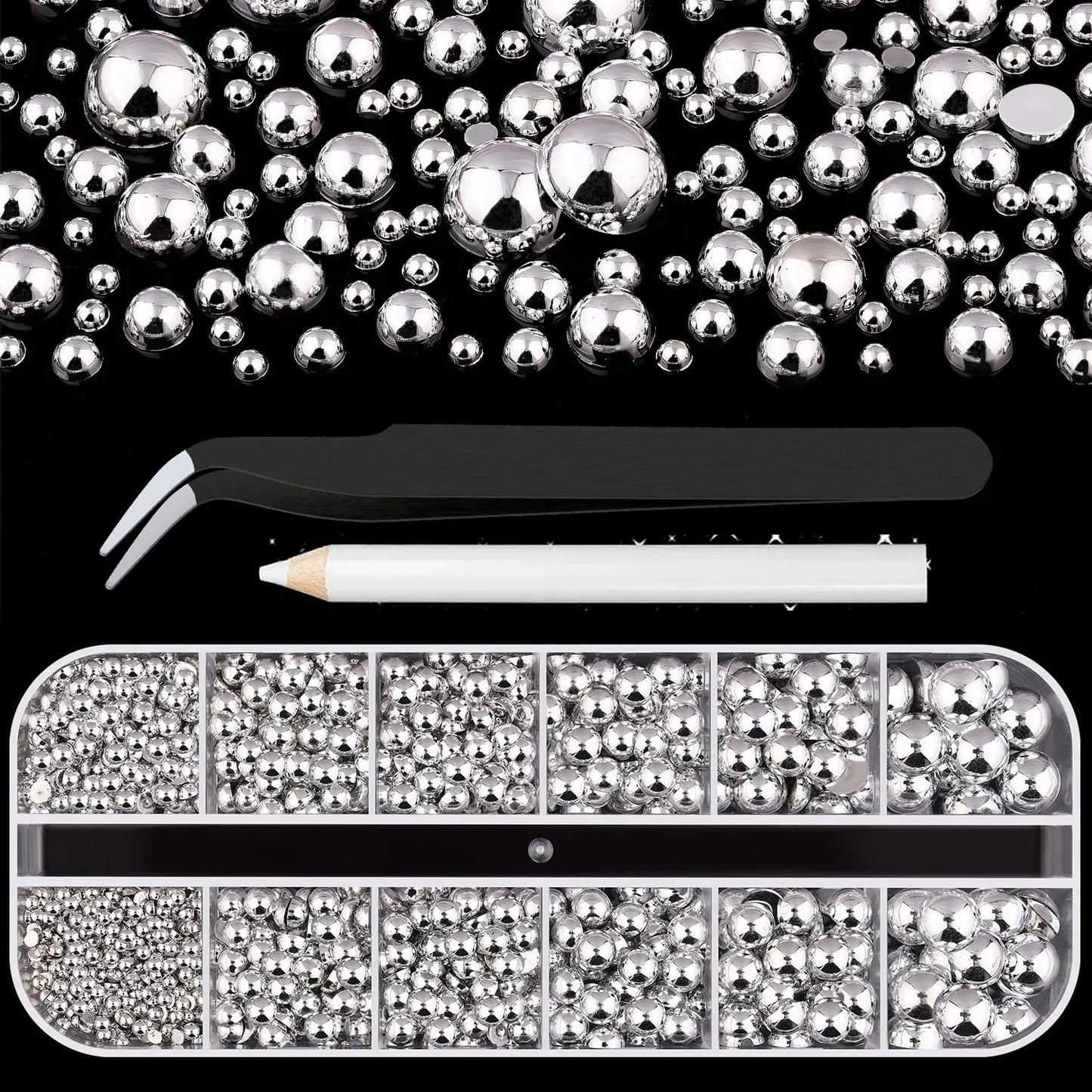 12Grid Shiny Silver Half Round Metal Caviar Bead Nail Rivets Charms 2/3/4/5/6/8mm Flatback Pearl Balls Nail Art Studs Y2k Decora