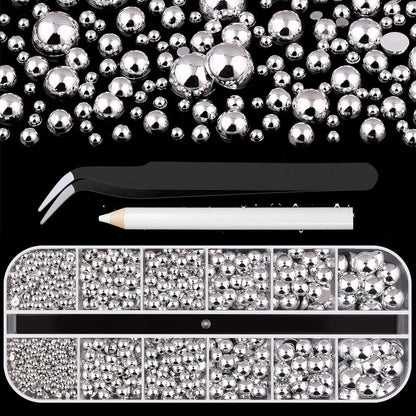 12Grid Shiny Silver Half Round Metal Caviar Bead Nail Rivets Charms 2/3/4/5/6/8mm Flatback Pearl Balls Nail Art Studs Y2k Decora