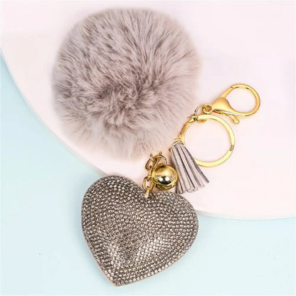 Fashion for Women's Bags Girls Ornaments Packaging Decoration Pompom Keychains Rhinestone Heart Bag Pendant Rhinestone Keyrings