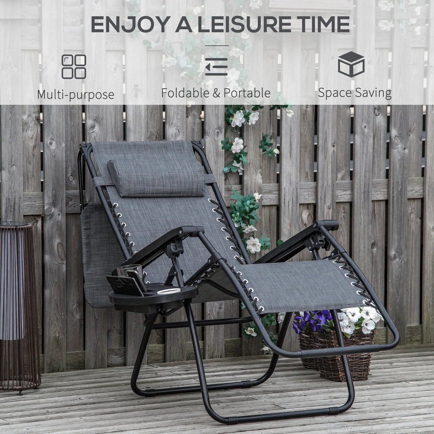 Outsunny Foldable Reclining Garden Chair with Headrest,with Footrest, Armrest, Cup Holder & Canopy Shade,Light Grey  ﻿