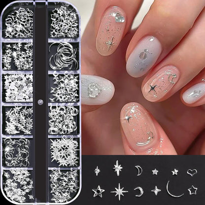 12Grid Shiny Silver Half Round Metal Caviar Bead Nail Rivets Charms 2/3/4/5/6/8mm Flatback Pearl Balls Nail Art Studs Y2k Decora