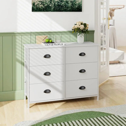 5 6Drawer Dresser, Fabric Chest of Drawers Storage Tower with Wooden Top amp Front, Metal Frame Cabinet Organiser Unit for Bedr