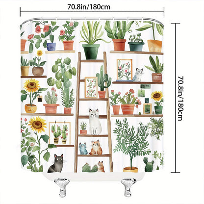 Shelf Potted Cat Shower Curtain, Green Plants & Flower Stands, Pastoral Design, Polyester, 12 Hooks