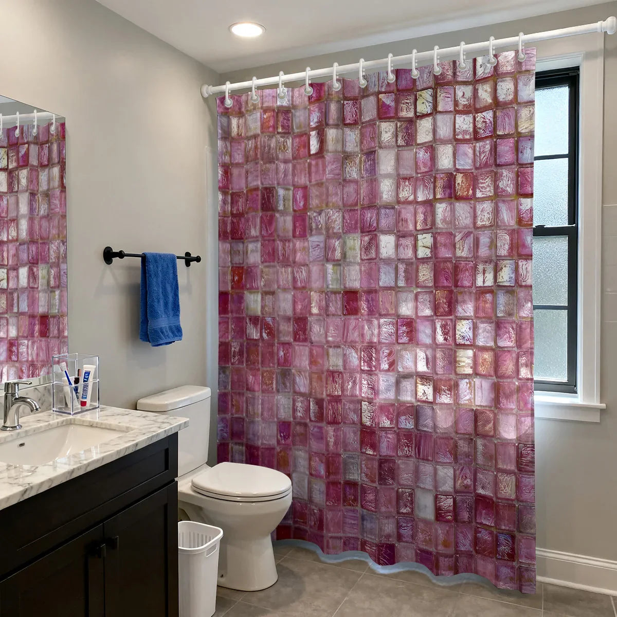 1pc pink ice block imitation simple printing waterproof partition privacy hanging curtain with 12 hooks, multiple sizes