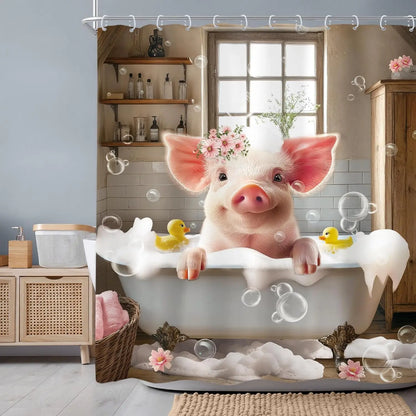Funny Pig Shower Curtain Farmhouse Rustic Farm Animal in Bathtub Cute Western Country Shower Curtain Bathroom Set Pink Floral