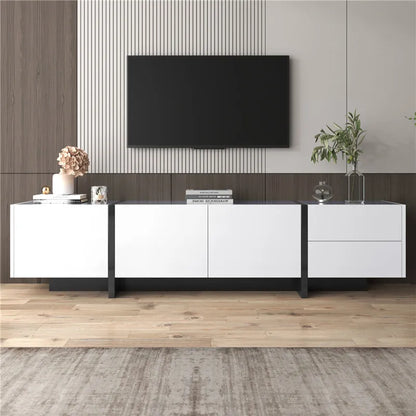 190x45x35cm High-Gloss White & Black TV Stand, Low Cabinet with Doors (Built-in Shelves) & Drawers, Contrast Black Legs Minimali