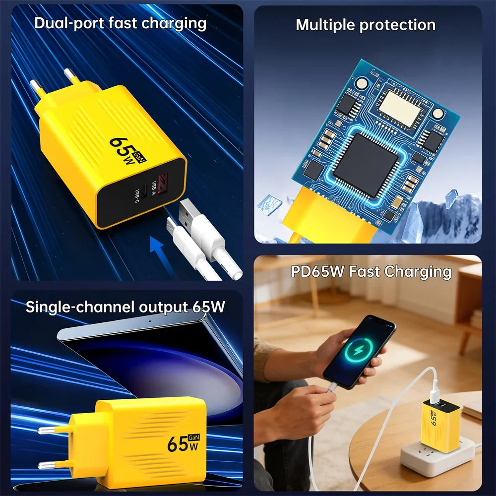 65W GaN USB C Fast Charger PD QC 3.0 Travel Wall Adapter with UK US EU Plug for iPhone Samsung Xiaomi Huawei Mobile Phone