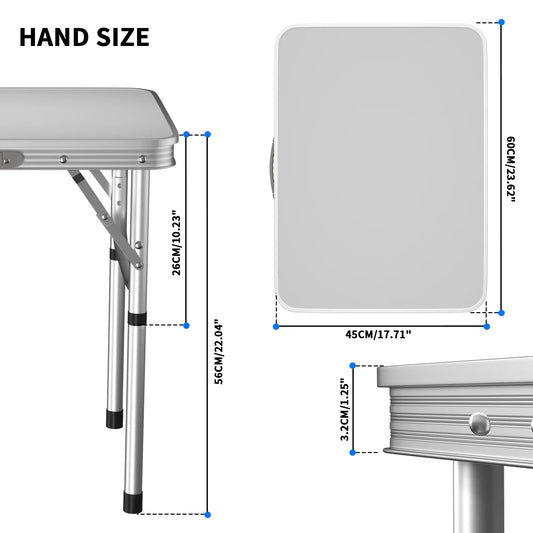Folding Table 2FT, Portable Adjustable Height Camping Table, For Indoor Outdoor Garden Picnic Dinning BBQ, 60x 45x26/56cm, White