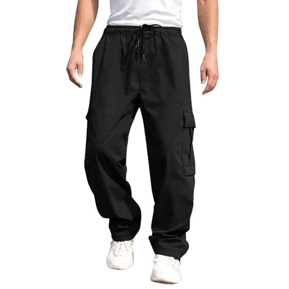 Men Loose Cargo Pants Summer Male High Elastic Waist Zip Pocket Straight Full Trousers BFDZ-A717