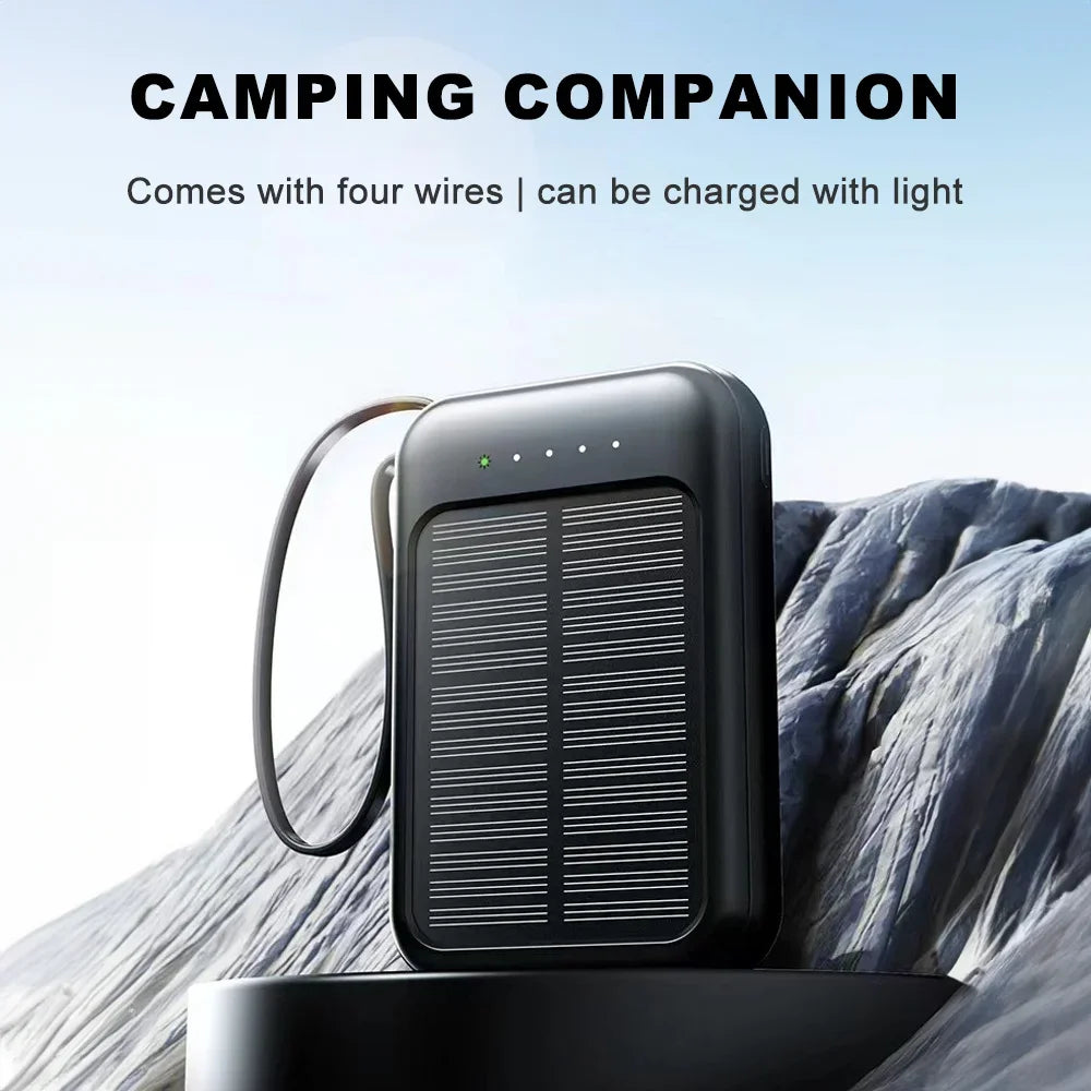 20000mAh Portable Solar Power Bank Built in 4 Cables External Battery Pack  Mini Powerbank  with LED Light for Cell Phones