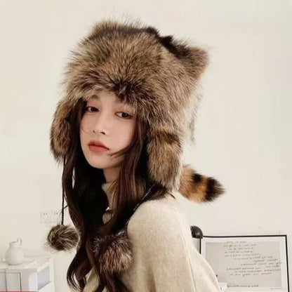 trend Raccoon imitateFur Cap Tail Women imitateNatural Raccoon Fur Caps Ushanka Hats for Winter Thick Warm Ears Fashion