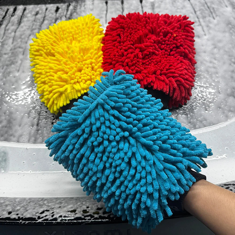 AUTOBRIGHT Oversized Double Sided Chenille Car Wash Mitt Red Blue Yellow Ultra Soft Professional Tool DIY Car Exterior Cleaning
