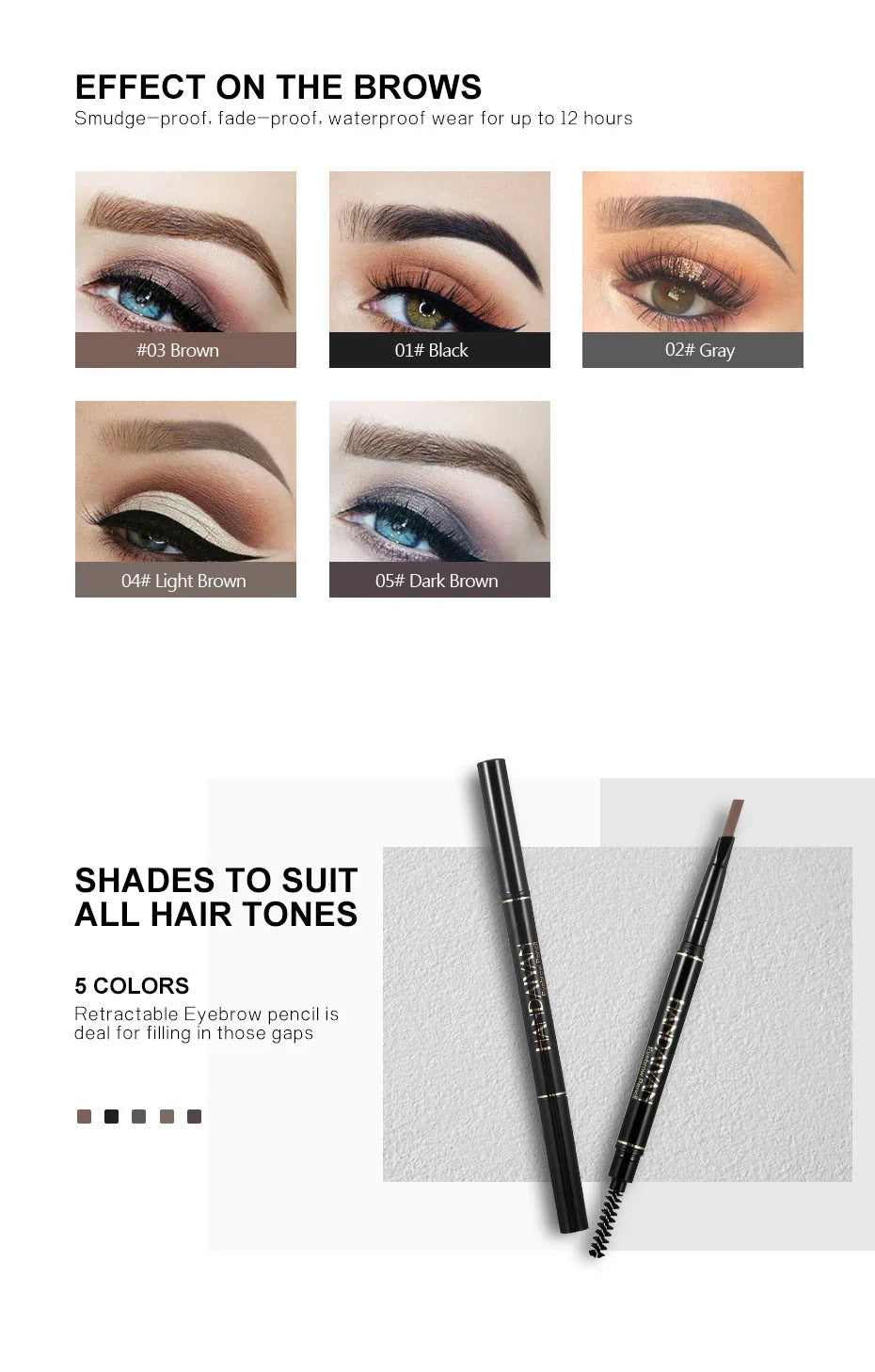 HANDAIYAN Eyebrow Pencil Automatic Rotating Double Head Long Lasting Natural Waterproof 5 Color Triangle Eyebrow Pen Make Up