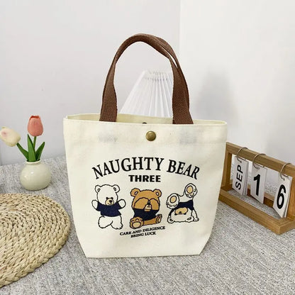 Bear Shape Canvas Tote Bag For Women Cute Mini Handheld Lunch Bag Student School Bag Gift Bag
