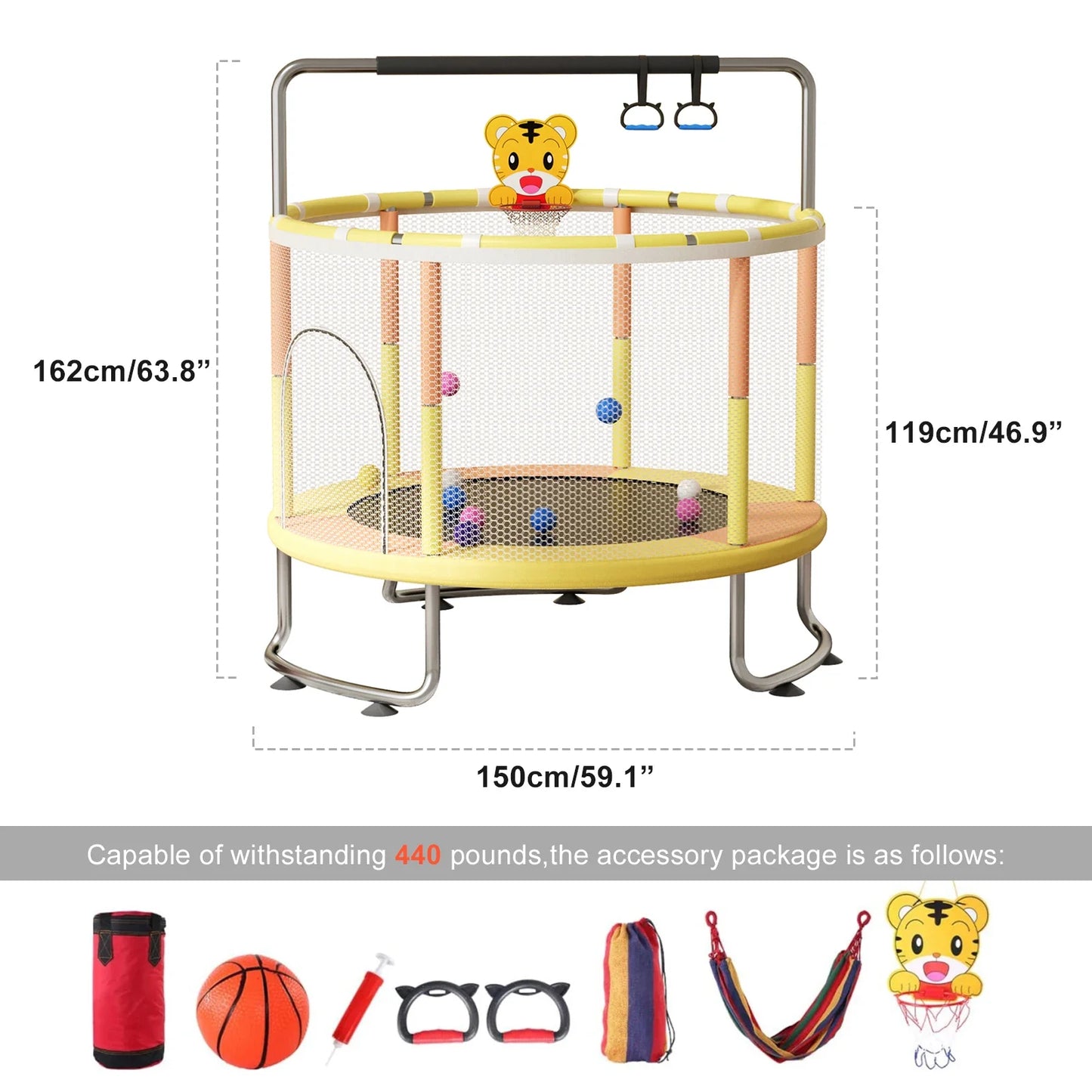 Kids Trampoline, Adjustable Toddler Trampoline with Basketball Hoop, Swing, Sandbag, Ocean Balls,Trampoline with Enclosure Net