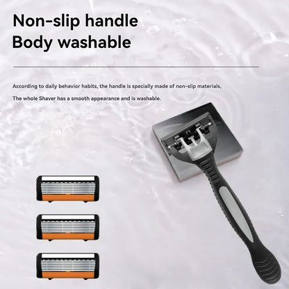 Men's manual razor safety razor 6-layer stainless steel hair removal knife, replaceable razor head, razor tools.