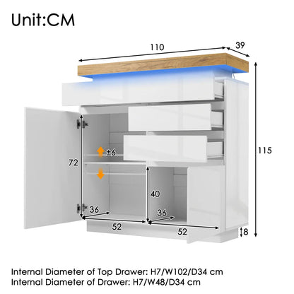 PINGGO Chest of Drawers,High-gloss Sideboard Cabinet with 2 Doors and 3 Drawers,Storage with RGB LED,115 x 110 x 39 cm, White