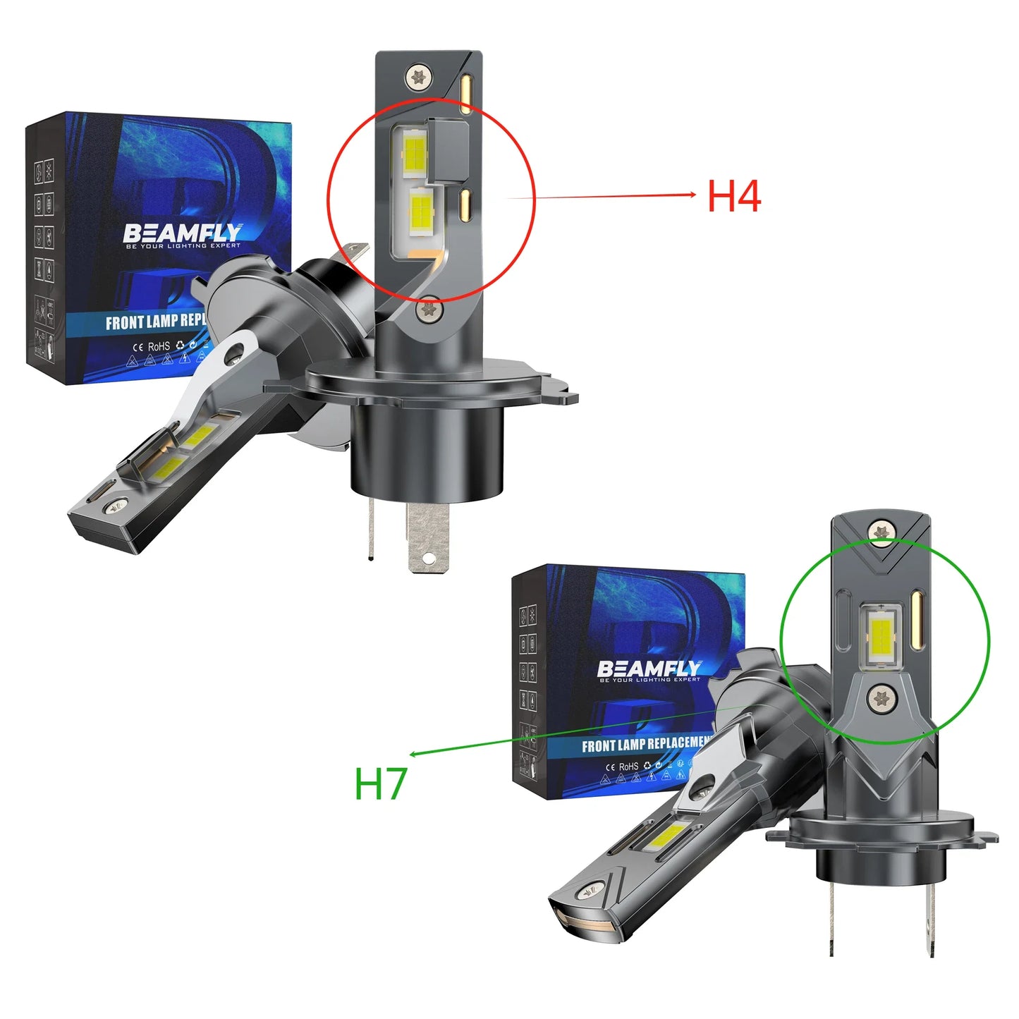BEAMFLY 100W LED H4 Headlight Bulbs H7 Canbus Wireless Diode Light 6500K White 20000LM CSP Plug&Play Car Headlight Assemblies