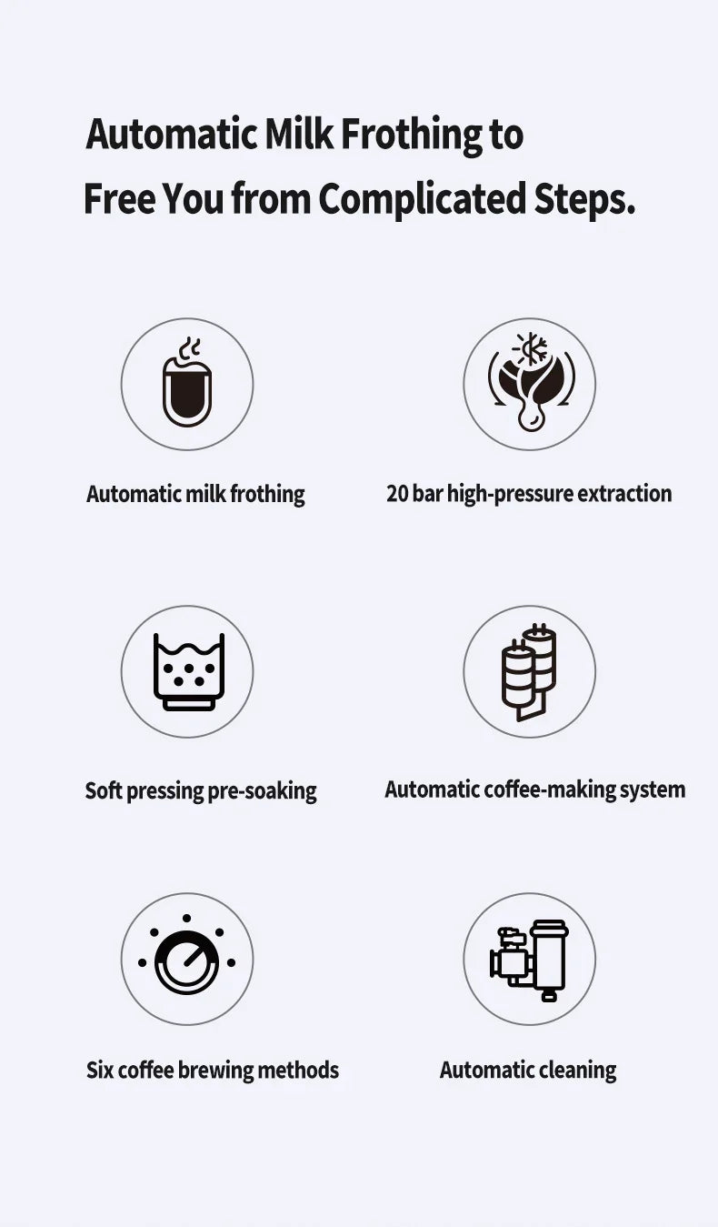 Multifunctional fancy coffee machine,Automatic milk frothing and cleaning functions,Cold/Hot Extraction ,Intelligent color scree