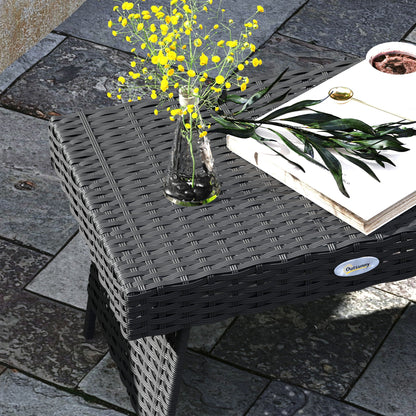 Outsunny Foldable Outdoor Side Table, Rattan Garden Coffee Table with Steel Frame, Space Saving Bistro Garden Furniture for Patio, Balcony, 60 x 41 x 41 cm, Black