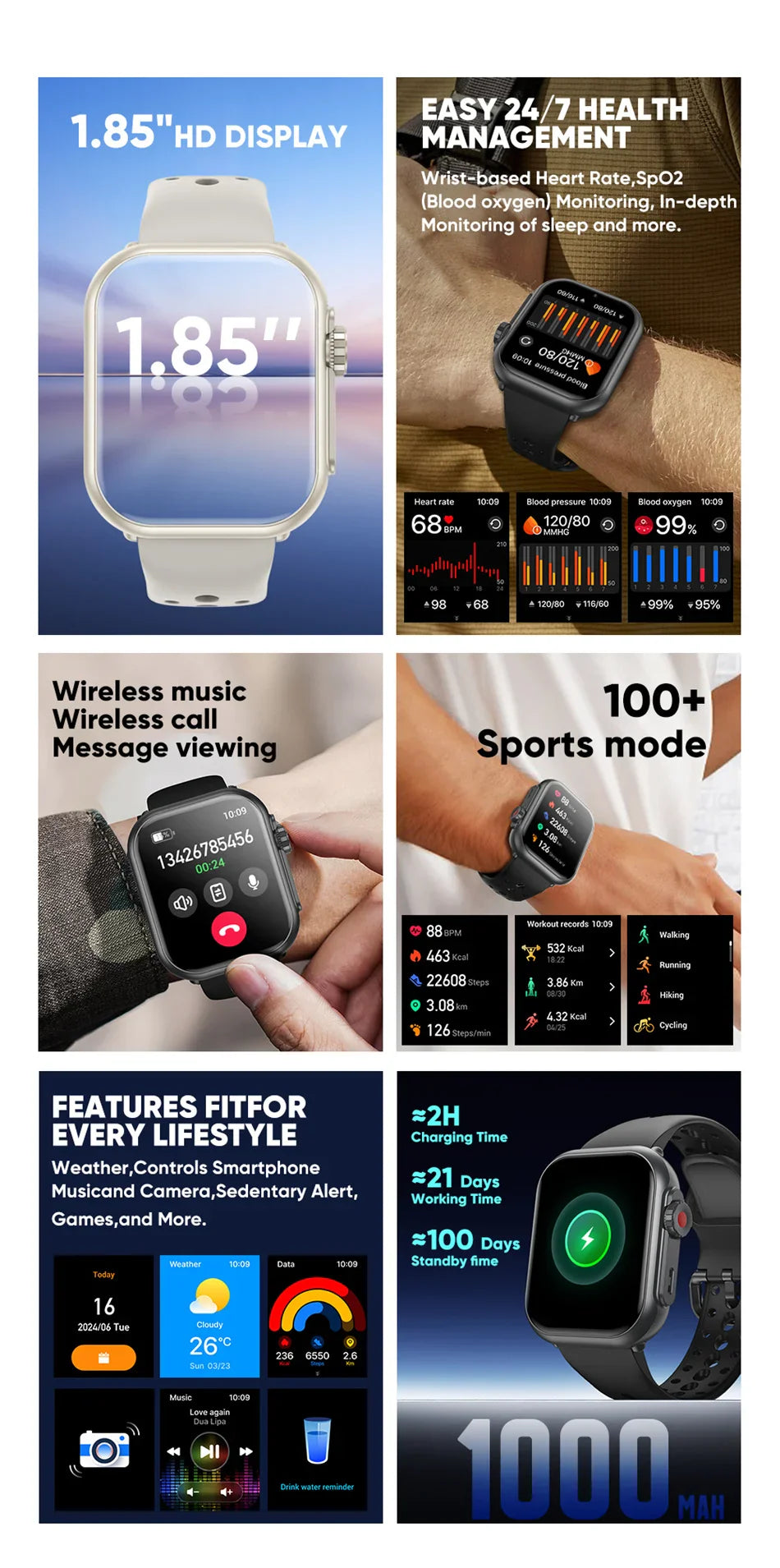 Watch Ultra K62 Men Women 1000mAh AMOLED 100+Sport Heart Rate HD Bluetooth Call GPS Track Waterproof Smart Watch For iOS Android