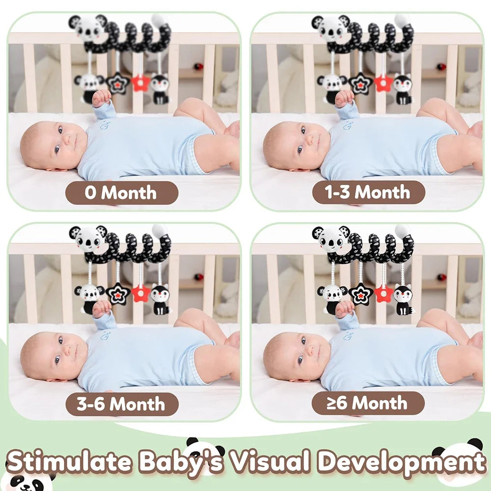 Newborns Spiral Hanging Activity Stroller Toy Baby Carseat Toy Black & White Lion Koala Rattle  for Crib Mobile Sensory Toy Gift