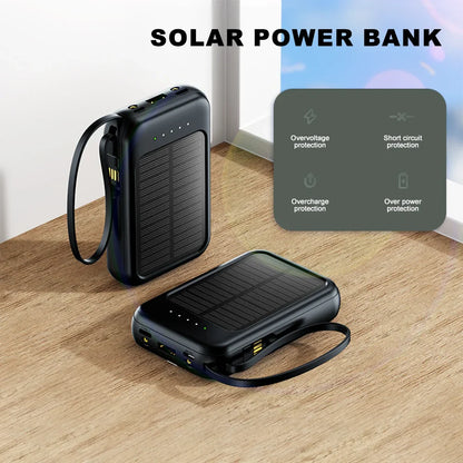 20000mAh Portable Solar Power Bank Built in 4 Cables External Battery Pack  Mini Powerbank  with LED Light for Cell Phones