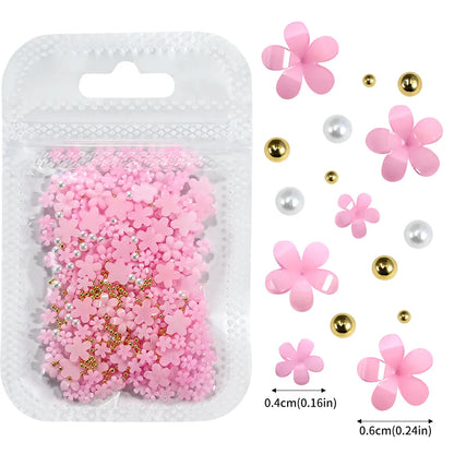 1box 3D Flower Bow Nail Art Decorations Kit Pink/White Acrylic Floral/Peal Beads Nail Charm with Wax Pen/Tweezer 4/6mm Nail Part