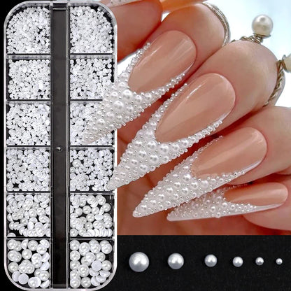 12Grid Shiny Silver Half Round Metal Caviar Bead Nail Rivets Charms 2/3/4/5/6/8mm Flatback Pearl Balls Nail Art Studs Y2k Decora
