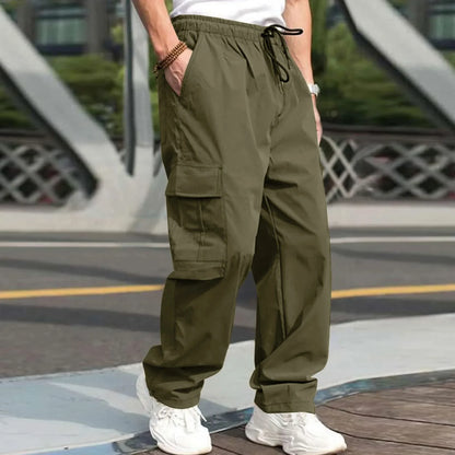Men Loose Cargo Pants Summer Male High Elastic Waist Zip Pocket Straight Full Trousers BFDZ-A717